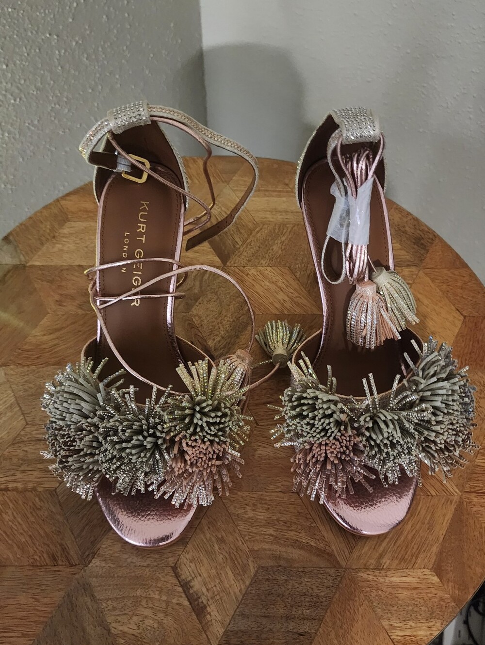 Kurt Geiger Rose Gold and Silver Tassel Pom-Pom Ankle Strap Heel